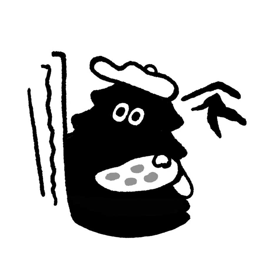 MORITA YUUSAKU さんのキャラクター「バドくん」。ベレー帽をかぶり絵の具のパレットを持った木のキャラクター